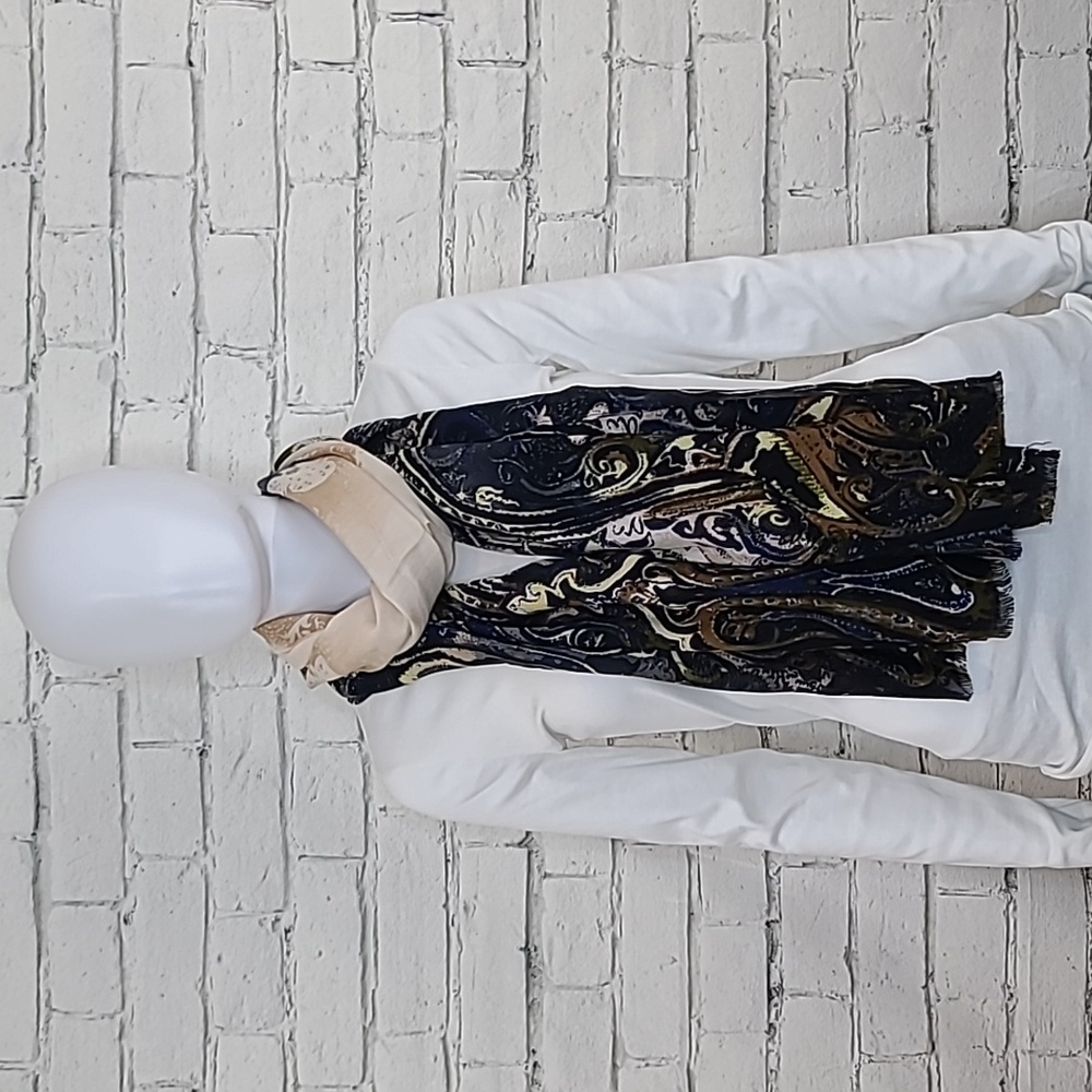 WHBM Classic Oblong Modal Jewel Tone Paisley Print Fringe Scarf Beige/Blue/Brown